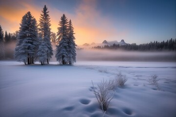 Fototapeta na wymiar serene winter landscape with snow-covered trees. Generative AI