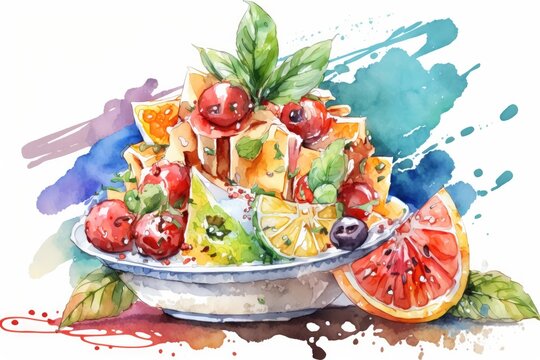colorful bowl filled with various fruits painted in watercolor. Generative AI