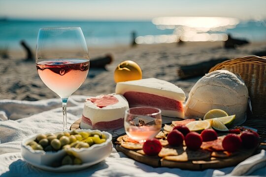 A beach picnic in the summer. Rose wine, camembert cheese, fruits, and croissants. Generative AI