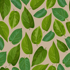 Seamless pattern of green leaves of the lilac tree on a beige background 