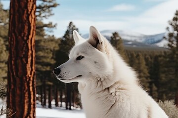 Obraz premium majestic white dog sitting on a snowy hilltop. Generative AI