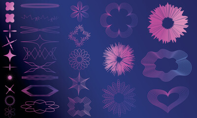 Trendy surreal geometric psychedelic elements in y2k style with stars, flowers shape, simple shapes forms, curved lines, minimalist basic form, memphis geometric elements in neon violet gradient color