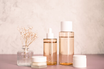 Skincare and cosmetic set for clean beauty product concept.