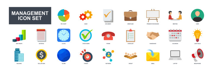 A collection of 25 vector icons representing various aspects of business management. These icons can be used to enhance presentations, websites, or any design related to business management