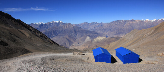 Shelter huts between Thorong La mountain pass and Muktinath, Nepal.