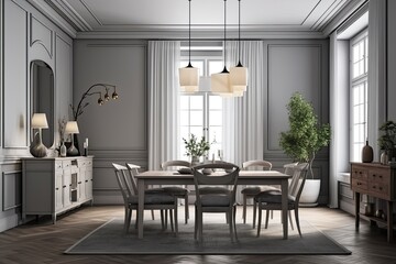 spacious dining room with elegant furniture and decor. Generative AI
