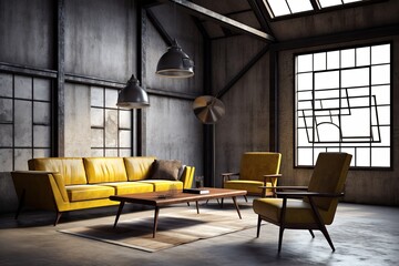 cozy living room with a vibrant yellow sofa and two accent chairs. Generative AI