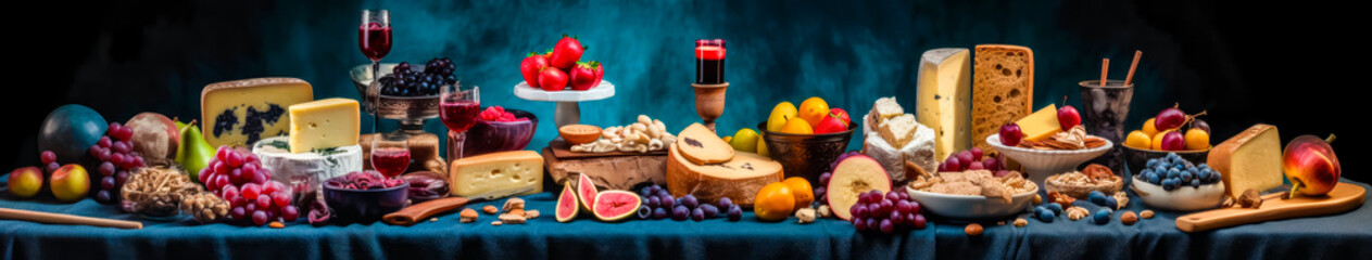 a wall of different varieties of cheeses, fruits and berries, banner, dark background, generative ai