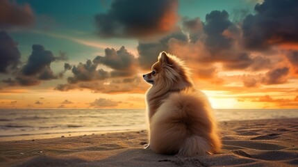 Obraz na płótnie Canvas dog sitting on a beach with sunset in the background. generative ai.