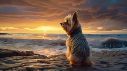 dog sitting on a beach with sunset in the background. generative ai.