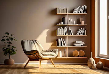 A bookcase in a living room, with a chair, Life Style, Generative AI