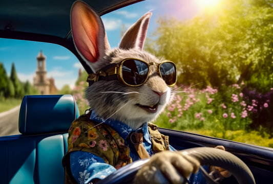 bunny in car with sunglasses driving through the country road, in sunny day, generative ai