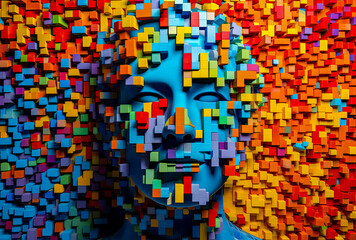 colorful head made out of puzzle pieces on colorful background, generative ai