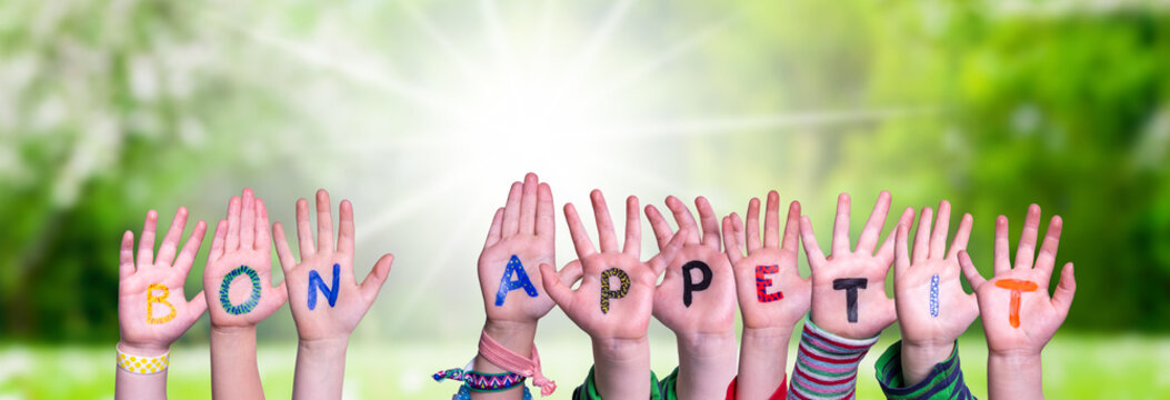 Children Hands Building Word Bon Appetit, Grass Meadow