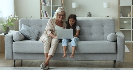 Smiling older granny sit on couch with cute grandchild watch educational content to develop little girl, spend leisure on internet use modern tech, discuss purchases, buy through ecommerce website - Powered by Adobe