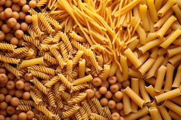 raw pasta spaghetti uncooked macaroni background group food ingredient italian healthy. Generative AI.