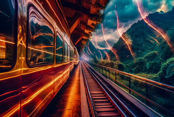 light trails of the train go across a hill and near a forest, generative ai