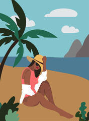 Obraz na płótnie Canvas A beautiful black girl sitting on the beach in pink swimsuit and yellow hat with palm tree abd beautiful view during vacation in faceless style for webs, posters, banners