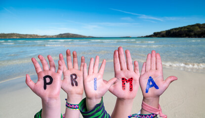 Children Hands Building Word Prima Means Super, Ocean And Sea