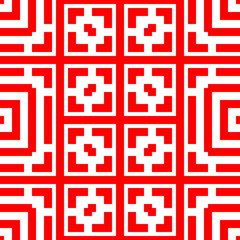 Repeated stylized red squares on white background. Quadrangles wallpaper. Seamless surface pattern design with symmetrical polygons ornament. Geometric motif. Digital paper for print. Vector