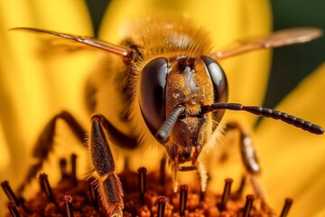 Honey bee on yellow flower sunflower close up macro. Generative AI