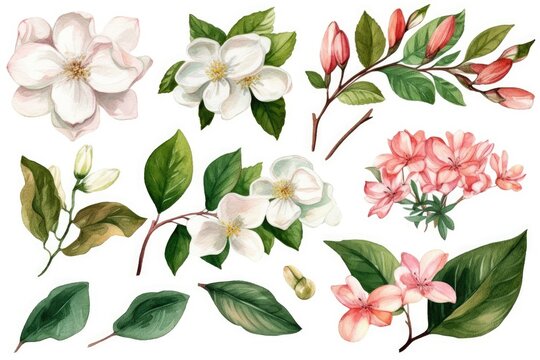 colorful flowers and leaves isolated on a white background. Generative AI