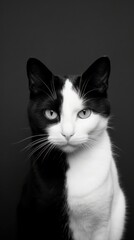 Obraz premium a black and white photography of a black cat and a white cat. Generative AI