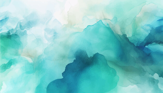 Watercolor background with turquoise, teal wash and splashes. Abstract vector illustration. Can be used for advertisingeting, presentation, design. 