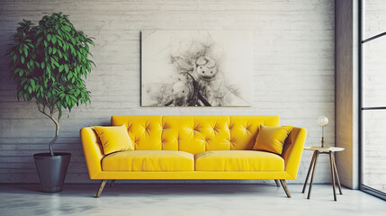 yellow sofa in a modern living room, generative ai illustration