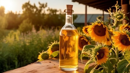 Sunflower vegetable oil with black seed kernels and flower vegetarian dressing for salads and cooking and frying. Country style. Healthly food. Generative AI
