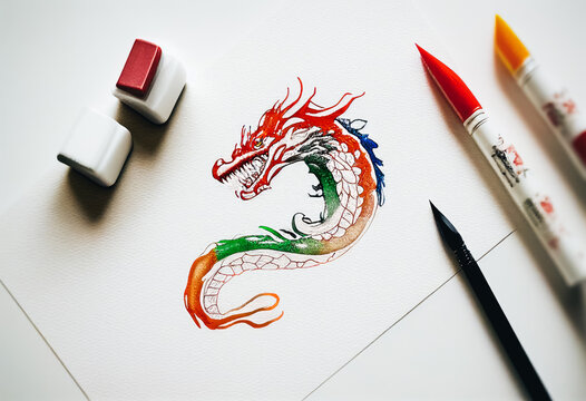 Drawn dragon head on white paper, profile, multi-colored dragon, made with small strokes, pencil and blots, AI-generated
