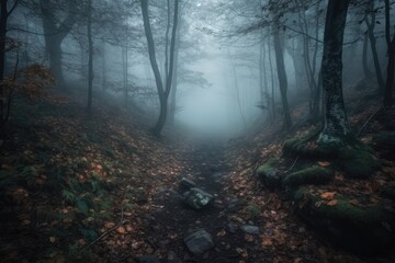 Obraz premium misty pathway surrounded by tall trees in a forest. Generative AI
