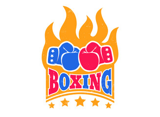 Vector vintage logo for a boxing with gloves in fire. Boxing gloves with flame. Vintage sport emblem.