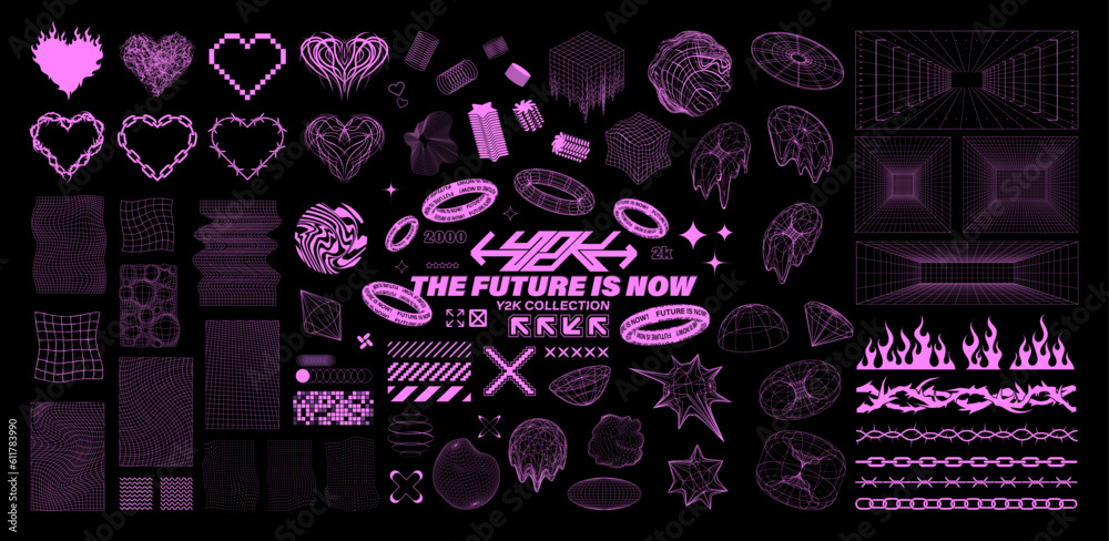 Poster retrofuturistic graphic set - y2k elements, 3d universal geometric shapes, grid, wireframe in pink c