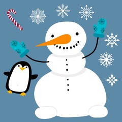 Christmas cartoon snowman set snowflakes and penguin and gifts box and candy and socks and gloves