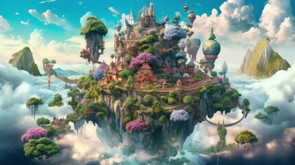 Fantastical realm floating in the clouds, featuring floating islands and mythical creatures