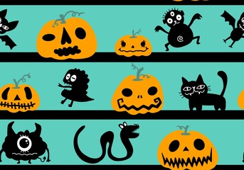 Halloween pumpkins seamless ghost and bones and cat pattern for wrapping paper and linens and fabrics