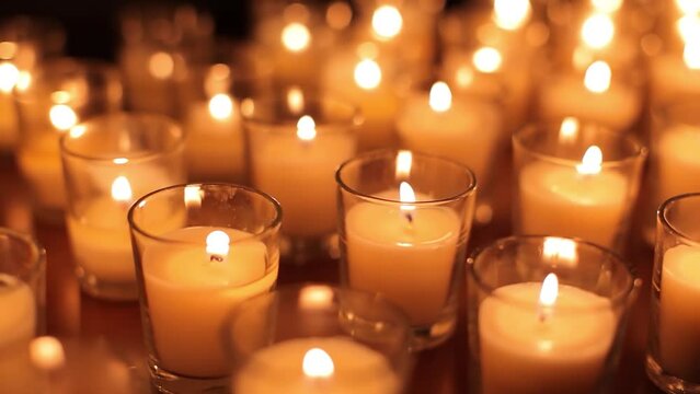 Camera moves past rows of glowing candles in a church or temple.