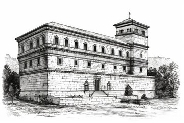 monochromatic architectural sketch of a building. Generative AI