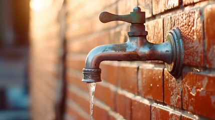 Old-fashioned water tap mountain at the exterior of a red brick wall. Water is coming out of the tap. Water theme, climate change. Hot summer, pure water. - obrazy, fototapety, plakaty