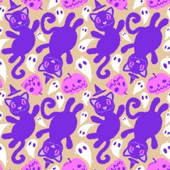 Halloween cartoon black cats seamless animals fluffy monsters pattern for wrapping paper and fabrics and linens