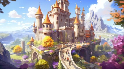 Obraz premium Grand and enchanting game art castle straight out of a fairy tale, complete with towering turrets, a drawbridge, and a sprawling garden