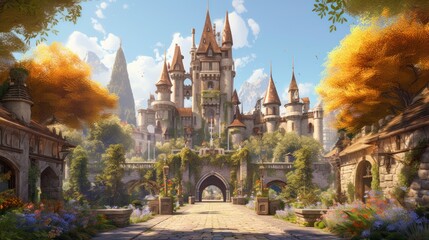 Grand and enchanting game art castle straight out of a fairy tale, complete with towering turrets, a drawbridge, and a sprawling garden - obrazy, fototapety, plakaty