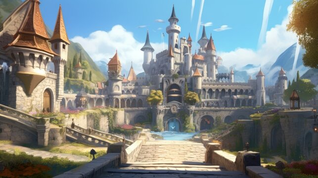 Grand and enchanting game art castle straight out of a fairy tale, complete with towering turrets, a drawbridge, and a sprawling garden