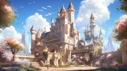 Obraz premium Grand and enchanting game art castle straight out of a fairy tale, complete with towering turrets, a drawbridge, and a sprawling garden