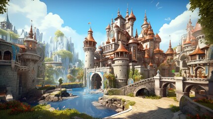 Obraz premium Grand and enchanting game art castle straight out of a fairy tale, complete with towering turrets, a drawbridge, and a sprawling garden
