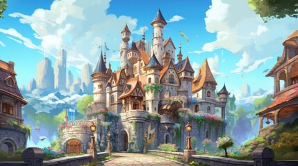 Fototapeta na wymiar Grand and enchanting game art castle straight out of a fairy tale, complete with towering turrets, a drawbridge, and a sprawling garden