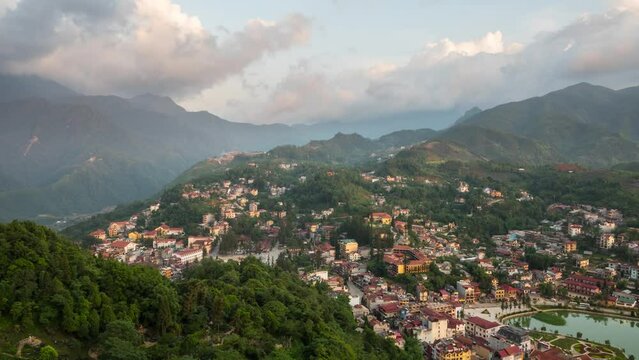 Time Lapse of the clouds moving above the small town of Sapa in the mountains of northern Vietnam.