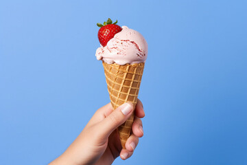 Hand holding strawberry ice cream in a waffle cone. Close up isolated on blue background. High quality photo Generative AI