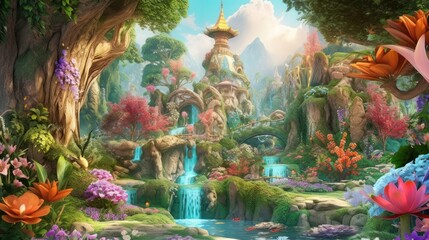 Fototapeta premium Lush enchanted garden with talking animals, fairies, and sparkling waterfalls